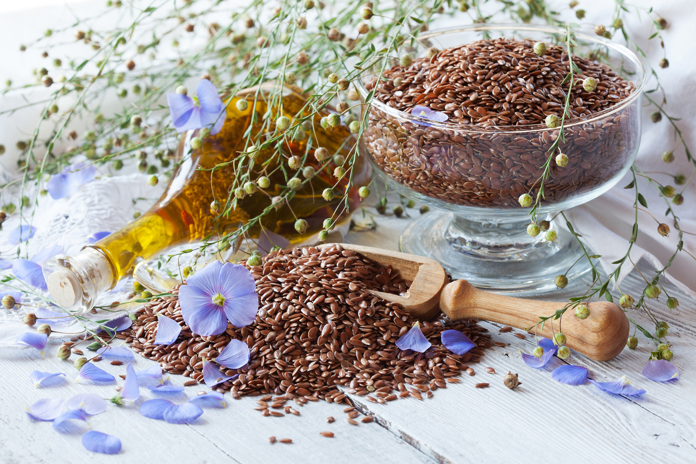 Flax seeds, oil, flowers, healthy food